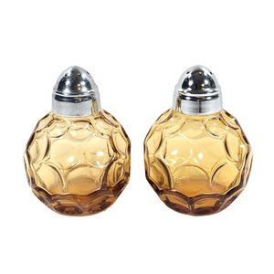 2pc Vintage Glass Amber Thumbprint Salt and Pepper Shakers 3 in High